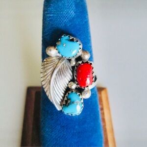 VTG Native American Navajo STERLING SILVER TURQUOISE CORAL RING SIZE 6.75-7